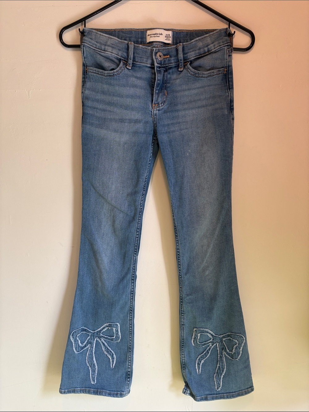abercrombie kids Light Blue Flare Jeans with Embroidered Bow Hems
